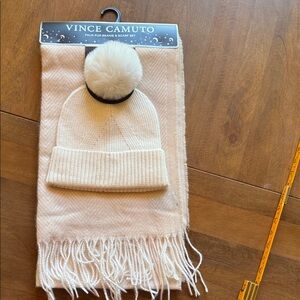 Vince Camuto Faux Fir Ivory Knit Beanie and Scarf Set